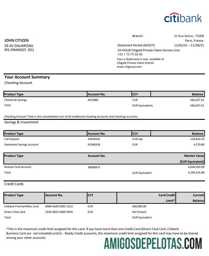 Modelo de extrato bancário do Citibank da França para impressão em formato de arquivo .xls e .pdf